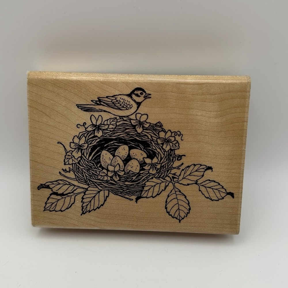 Embossing Arts Beautiful Bird Nest 611-J Eggs Wood Mount Rubber Stamp Vintage